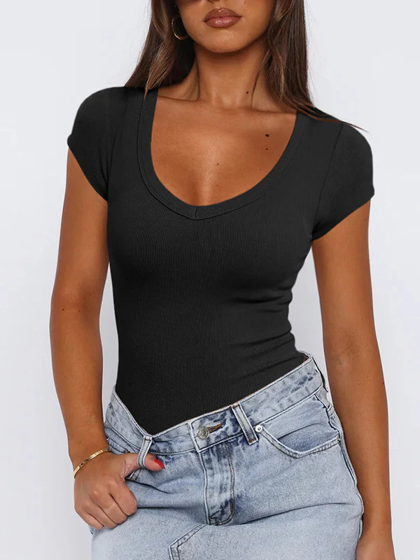 Short Sleeves Skinny Solid Color Split-Joint U-Neck T-Shirts Tops - Image 4