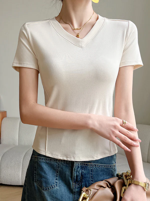 Short Sleeves Skinny Solid Color Split-Joint V-Neck T-Shirts - Image 10