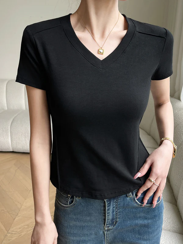 Short Sleeves Skinny Solid Color Split-Joint V-Neck T-Shirts - Image 3