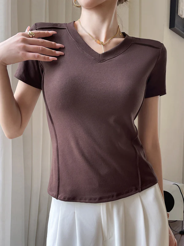 Short Sleeves Skinny Solid Color Split-Joint V-Neck T-Shirts - Image 4
