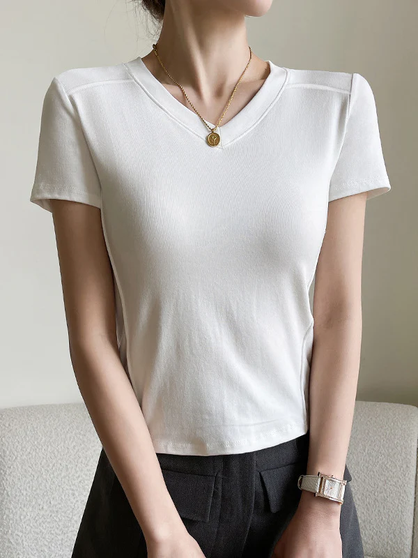 Short Sleeves Skinny Solid Color Split-Joint V-Neck T-Shirts - Image 6