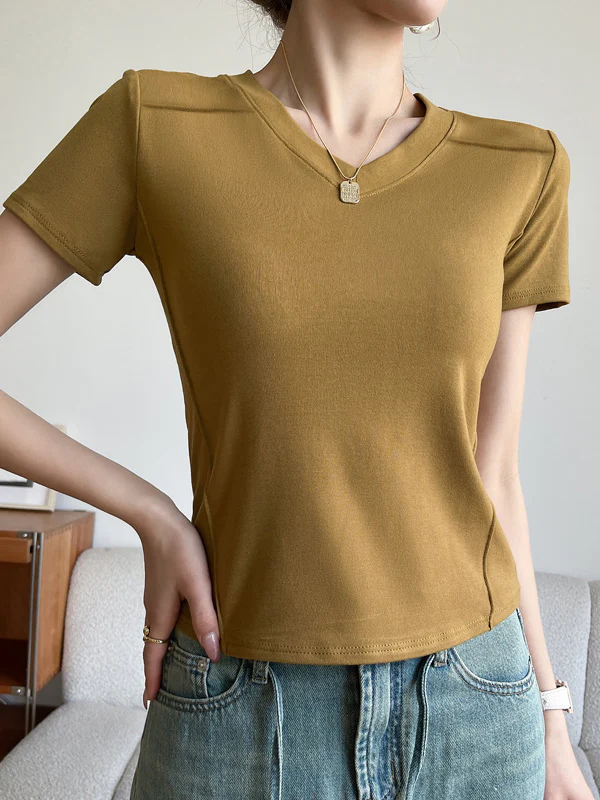 Short Sleeves Skinny Solid Color Split-Joint V-Neck T-Shirts - Image 7