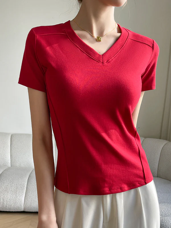 Short Sleeves Skinny Solid Color Split-Joint V-Neck T-Shirts - Image 8