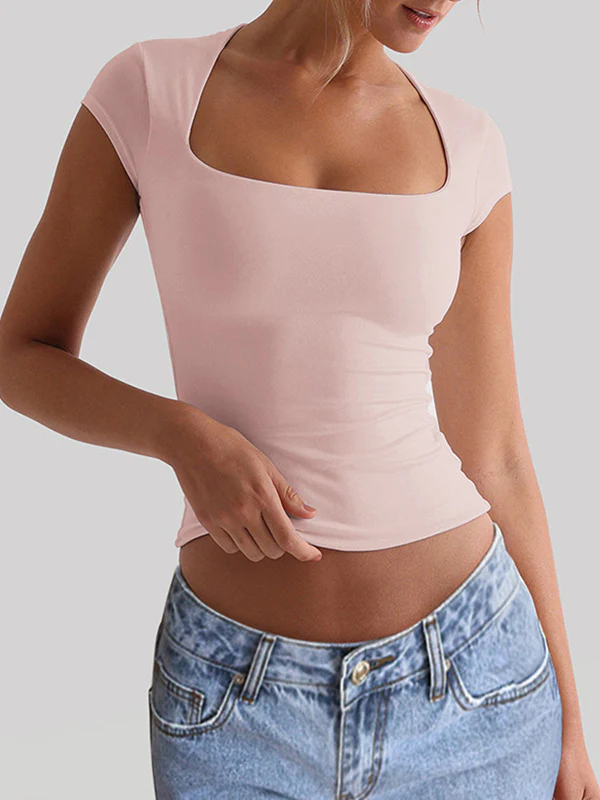 Short Sleeves Skinny Solid Color Square-Neck T-Shirts Tops - Image 2