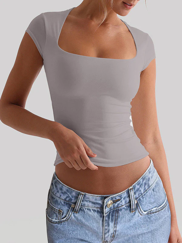 Short Sleeves Skinny Solid Color Square-Neck T-Shirts Tops - Image 3