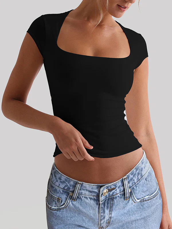 Short Sleeves Skinny Solid Color Square-Neck T-Shirts Tops - Image 4