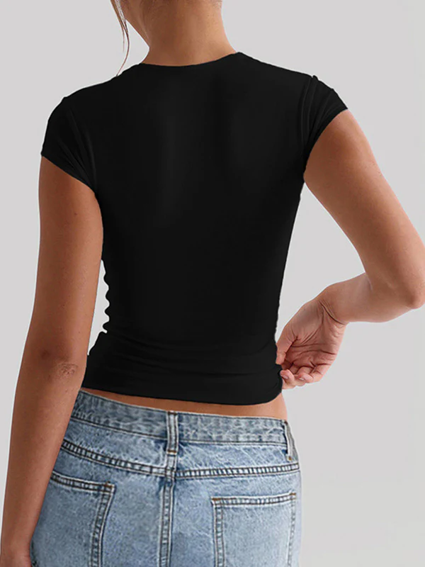 Short Sleeves Skinny Solid Color Square-Neck T-Shirts Tops - Image 5