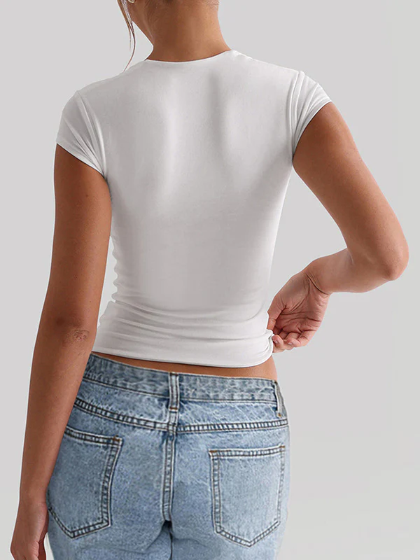 Short Sleeves Skinny Solid Color Square-Neck T-Shirts Tops - Image 6