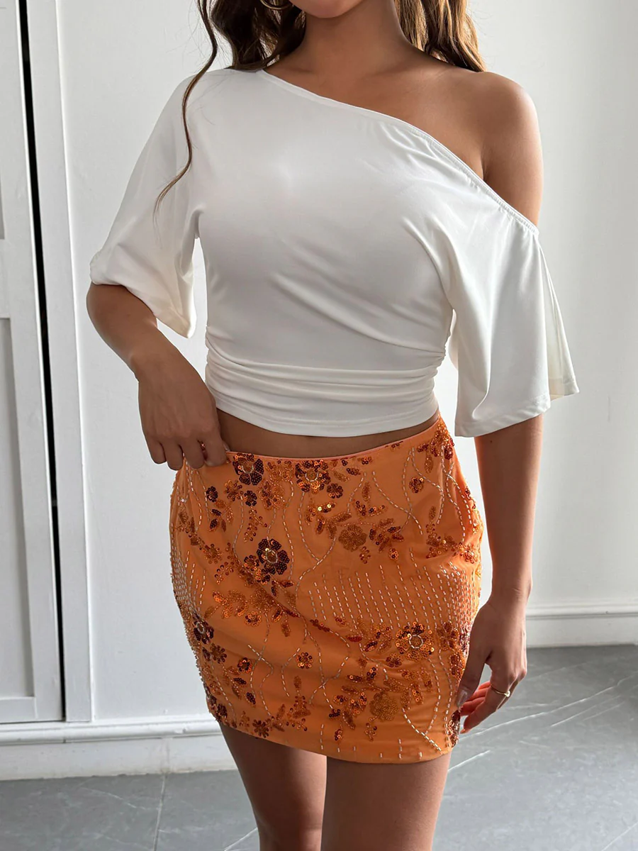 Short Sleeves Solid Color One-Shoulder T-Shirts Tops - Image 13