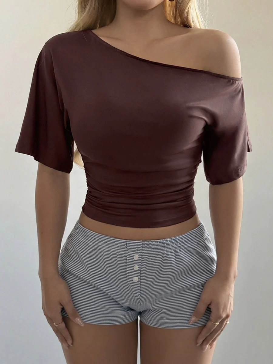 Short Sleeves Solid Color One-Shoulder T-Shirts Tops - Image 9
