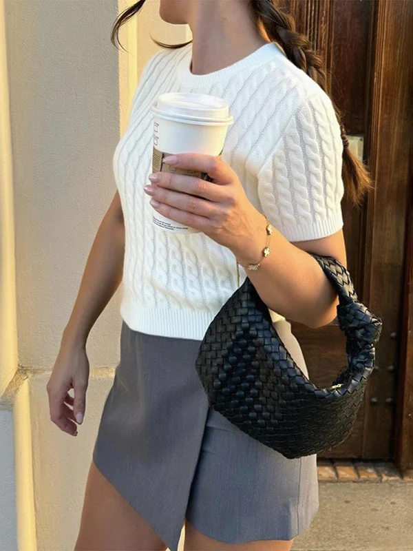 Short Sleeves Solid Color Split-Joint Round-neck Pullovers Sweater Tops - Image 10