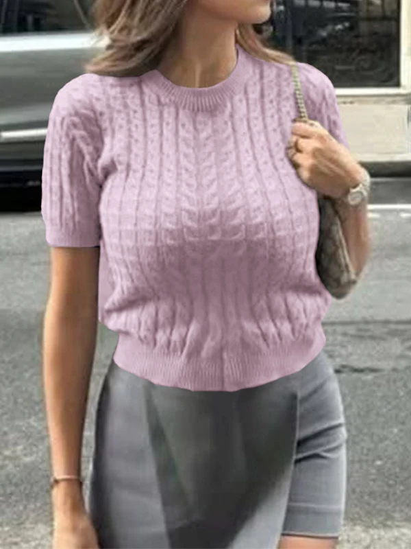 Short Sleeves Solid Color Split-Joint Round-neck Pullovers Sweater Tops - Image 11