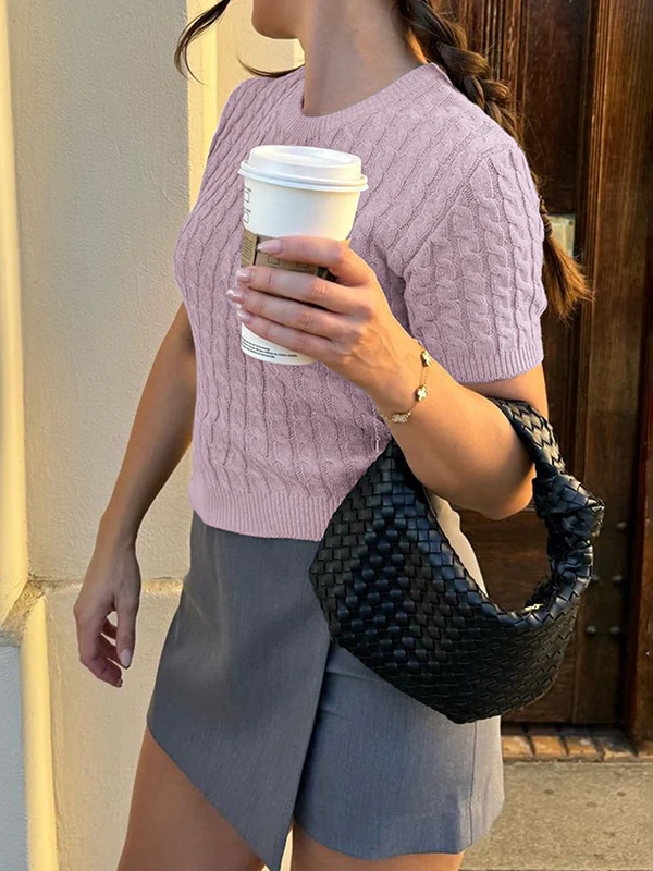 Short Sleeves Solid Color Split-Joint Round-neck Pullovers Sweater Tops - Image 13