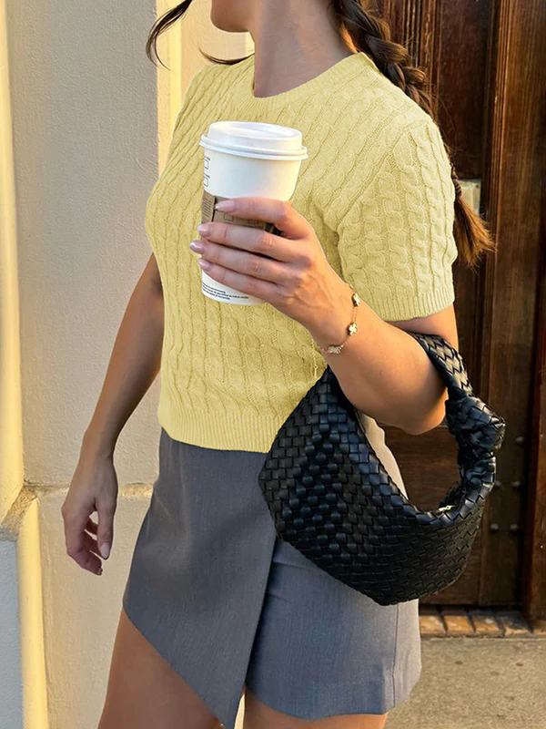 Short Sleeves Solid Color Split-Joint Round-neck Pullovers Sweater Tops - Image 16