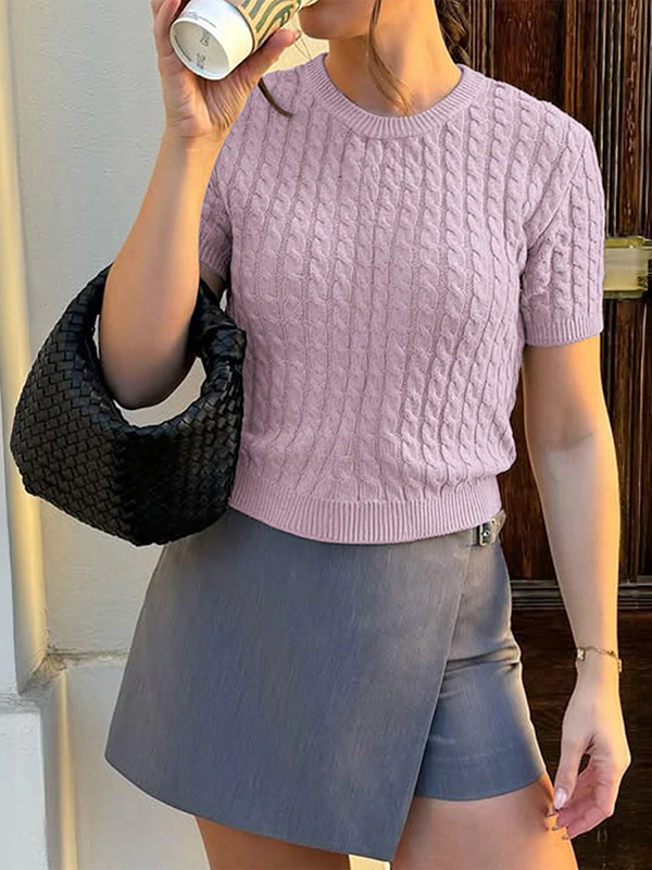 Short Sleeves Solid Color Split-Joint Round-neck Pullovers Sweater Tops - Image 2