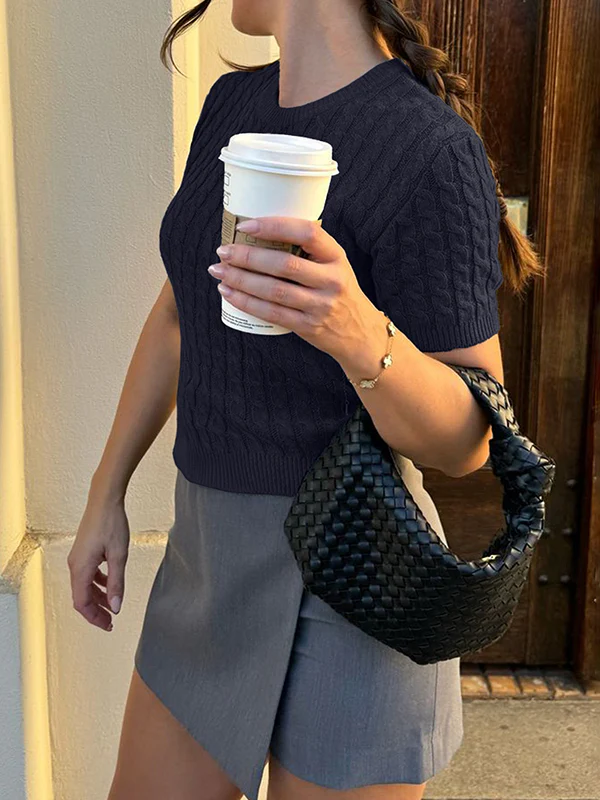 Short Sleeves Solid Color Split-Joint Round-neck Pullovers Sweater Tops - Image 7