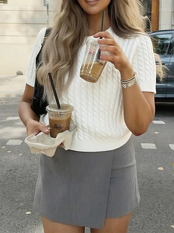 Short Sleeves Solid Color Split-Joint Round-neck Pullovers Sweater Tops - Image 9