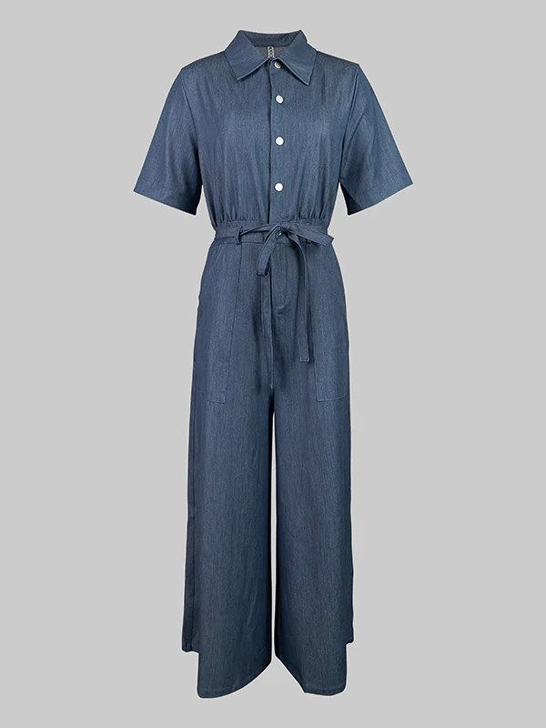 Short Sleeves Solid Color Tied Waist V-Neck Denim Jumpsuits - Image 4