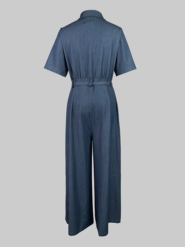 Short Sleeves Solid Color Tied Waist V-Neck Denim Jumpsuits - Image 5