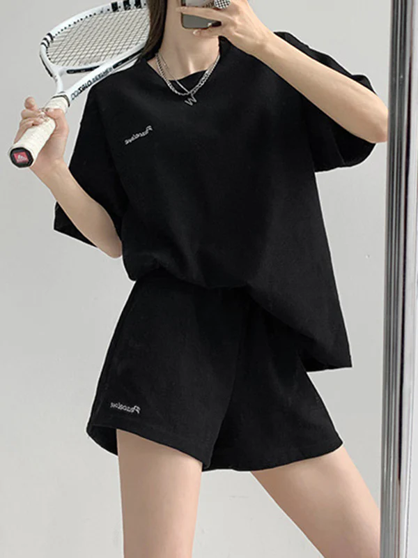 Short Sleeves Split-Joint Round-Neck T-Shirt + Elasticity Waist Shorts Two Pieces Set - Image 10