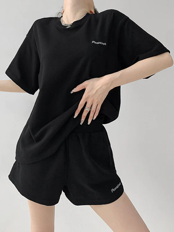 Short Sleeves Split-Joint Round-Neck T-Shirt + Elasticity Waist Shorts Two Pieces Set - Image 11