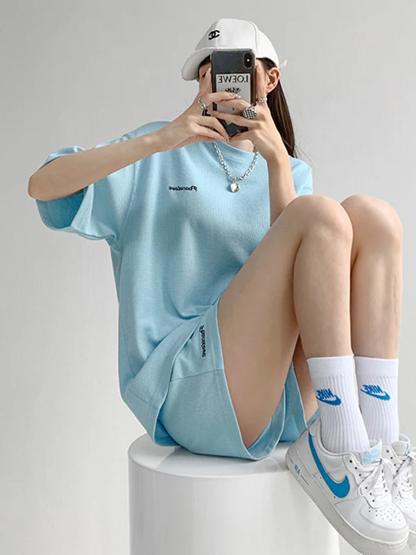 Short Sleeves Split-Joint Round-Neck T-Shirt + Elasticity Waist Shorts Two Pieces Set - Image 16
