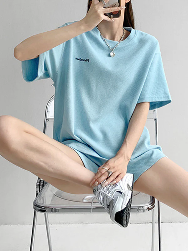 Short Sleeves Split-Joint Round-Neck T-Shirt + Elasticity Waist Shorts Two Pieces Set - Image 3