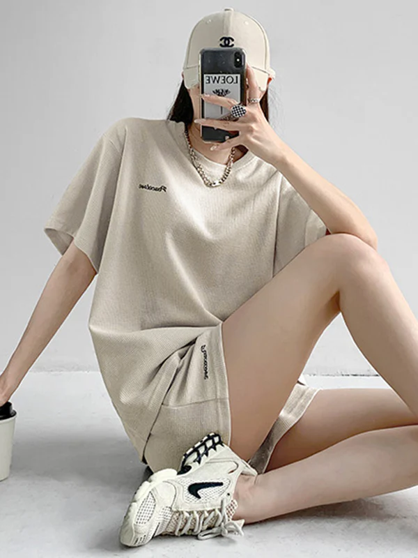 Short Sleeves Split-Joint Round-Neck T-Shirt + Elasticity Waist Shorts Two Pieces Set - Image 7