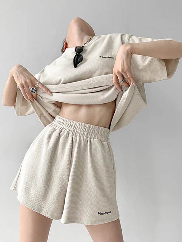Short Sleeves Split-Joint Round-Neck T-Shirt + Elasticity Waist Shorts Two Pieces Set - Image 8