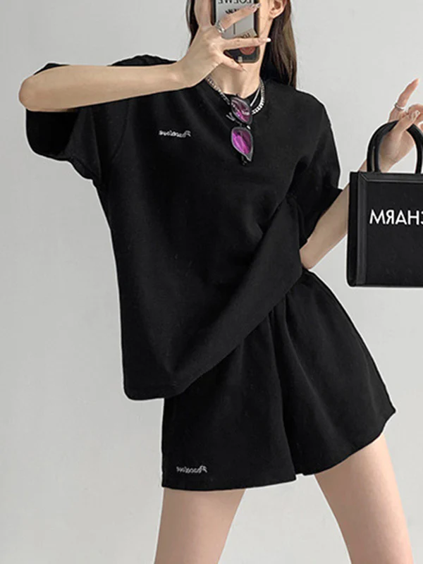 Short Sleeves Split-Joint Round-Neck T-Shirt + Elasticity Waist Shorts Two Pieces Set - Image 9