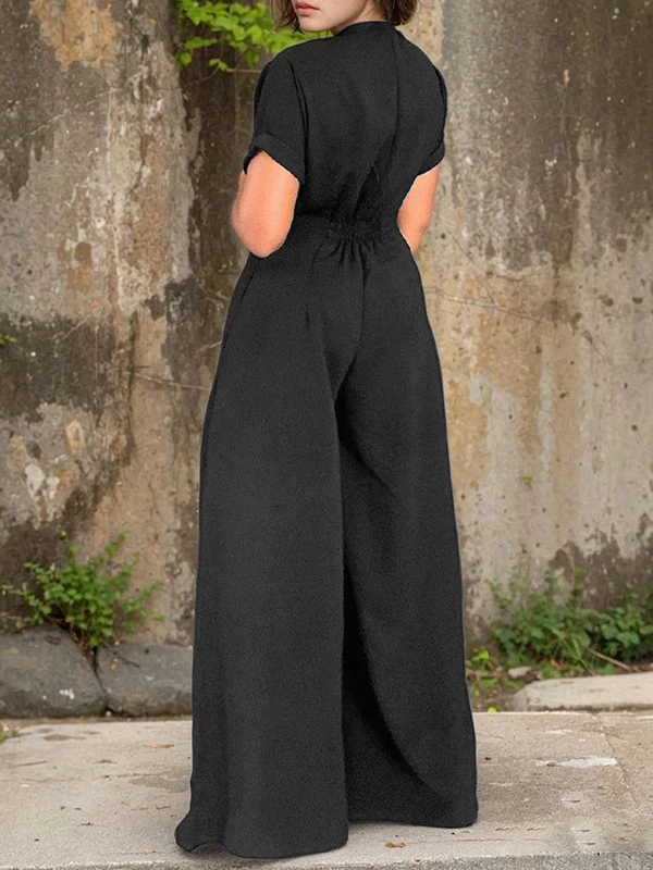 Short Sleeves Wide Leg Elasticity Pleated Split-Joint Zipper Round-Neck Jumpsuits - Image 2