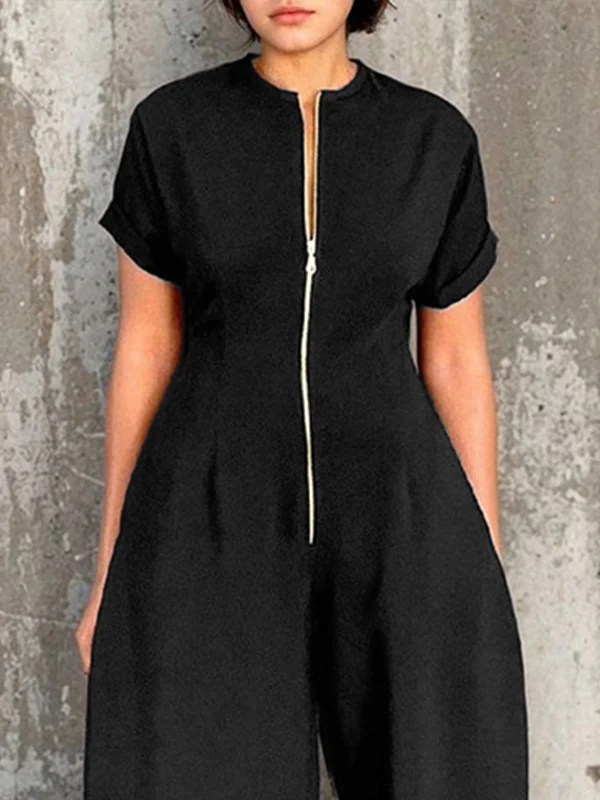 Short Sleeves Wide Leg Elasticity Pleated Split-Joint Zipper Round-Neck Jumpsuits - Image 3