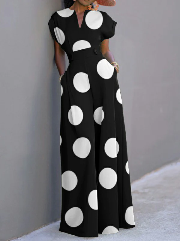Short Sleeves Wide Leg Polka-Dot V-Neck Jumpsuits - Image 2