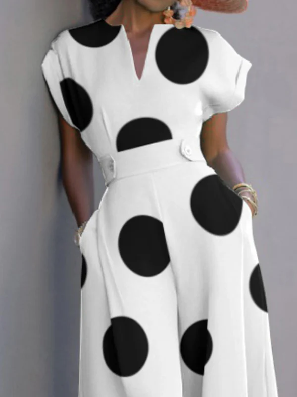 Short Sleeves Wide Leg Polka-Dot V-Neck Jumpsuits - Image 3