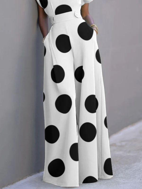 Short Sleeves Wide Leg Polka-Dot V-Neck Jumpsuits - Image 4