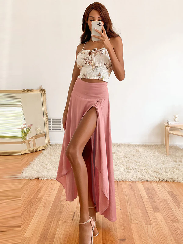 Simple Asymmetric Split-Front Falbala Solid Color Skirts Bottoms - Image 23