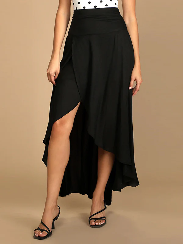 Simple Asymmetric Split-Front Falbala Solid Color Skirts Bottoms - Image 3