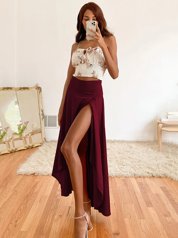 Simple Asymmetric Split-Front Falbala Solid Color Skirts Bottoms - Image 9