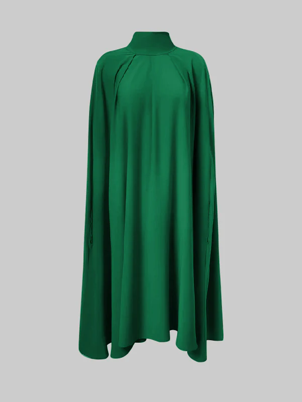 Simple Batwing Sleeves Lace-Up Solid Color High-Neck Midi Dresses - Image 10