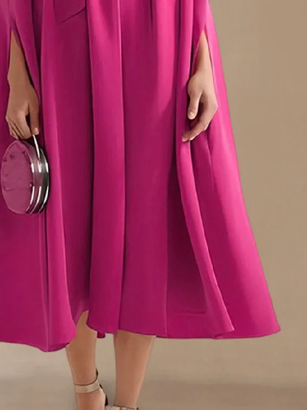 Simple Batwing Sleeves Lace-Up Solid Color High-Neck Midi Dresses - Image 16