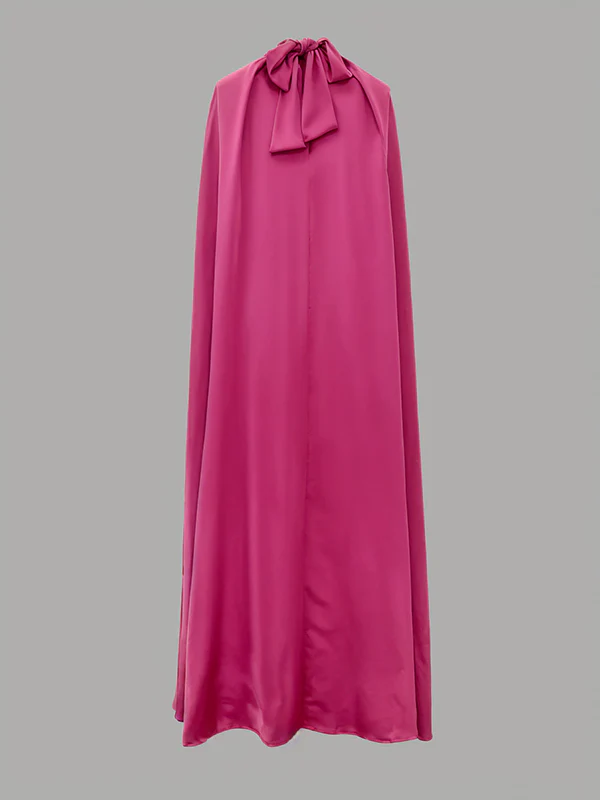 Simple Batwing Sleeves Lace-Up Solid Color High-Neck Midi Dresses - Image 18