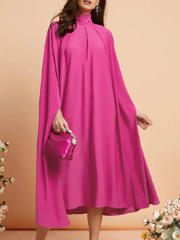 Simple Batwing Sleeves Lace-Up Solid Color High-Neck Midi Dresses - Image 3