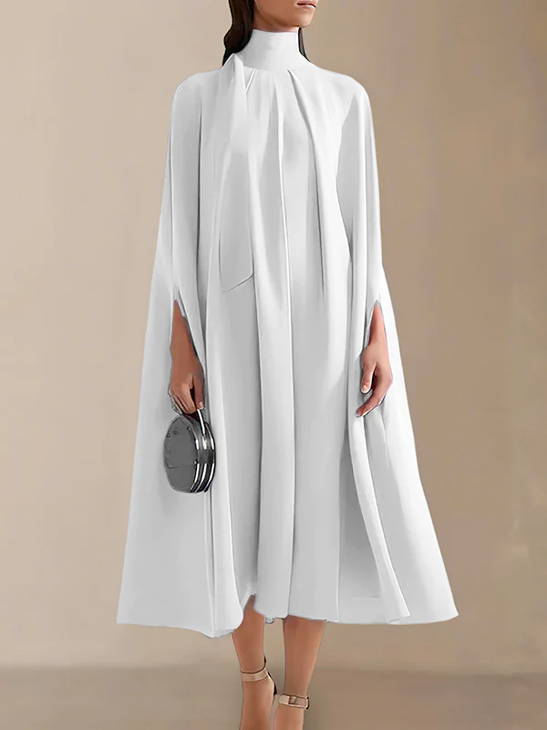 Simple Batwing Sleeves Lace-Up Solid Color High-Neck Midi Dresses - Image 4