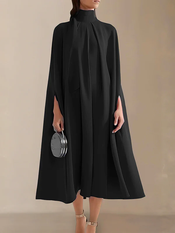 Simple Batwing Sleeves Lace-Up Solid Color High-Neck Midi Dresses - Image 5