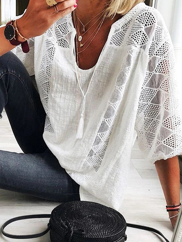 Simple Casual Hollow Lace Split-Joint U-Neck T-Shirt Top - Image 2