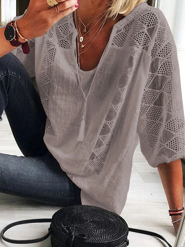 Simple Casual Hollow Lace Split-Joint U-Neck T-Shirt Top - Image 3