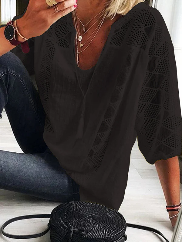 Simple Casual Hollow Lace Split-Joint U-Neck T-Shirt Top - Image 4