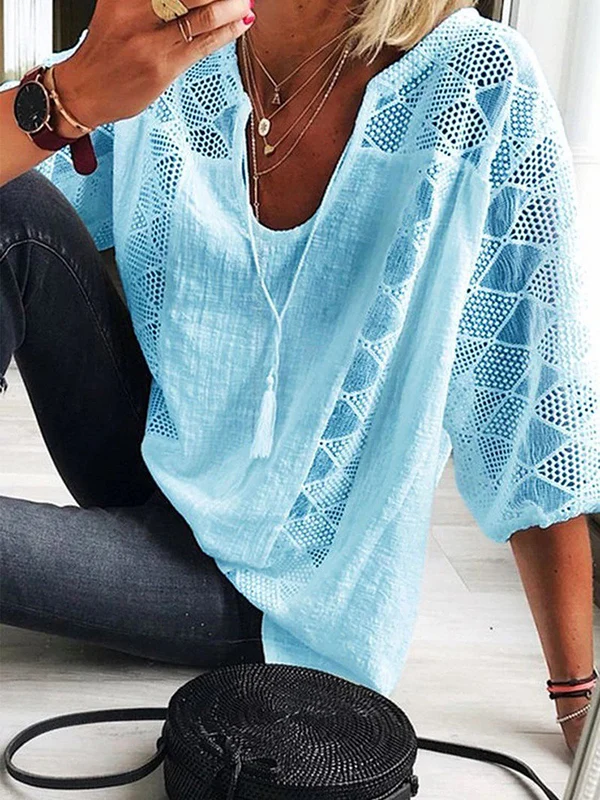 Simple Casual Hollow Lace Split-Joint U-Neck T-Shirt Top - Image 5