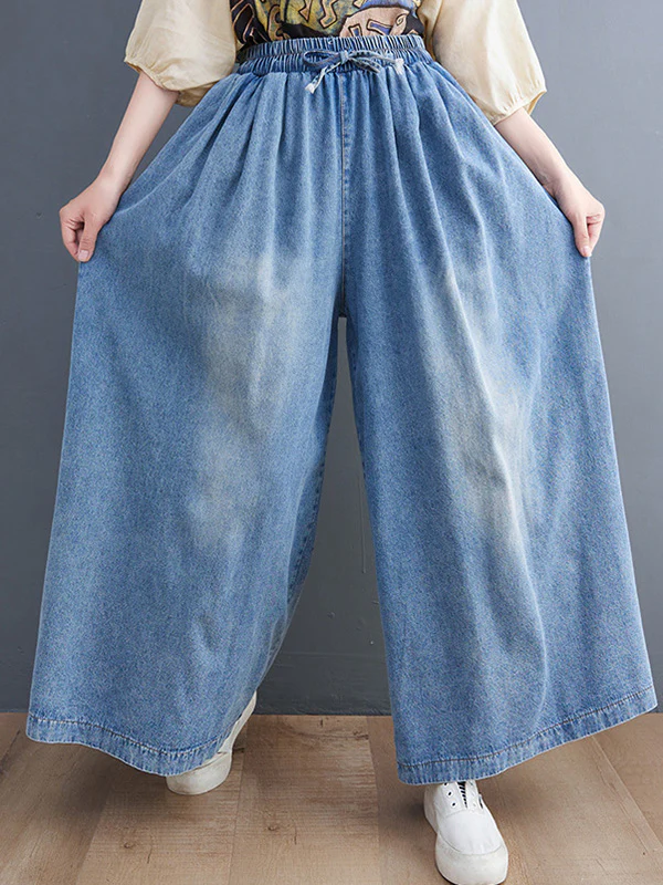 Simple Casual Loose Wide Leg Drawstring Jean Pants - Image 2