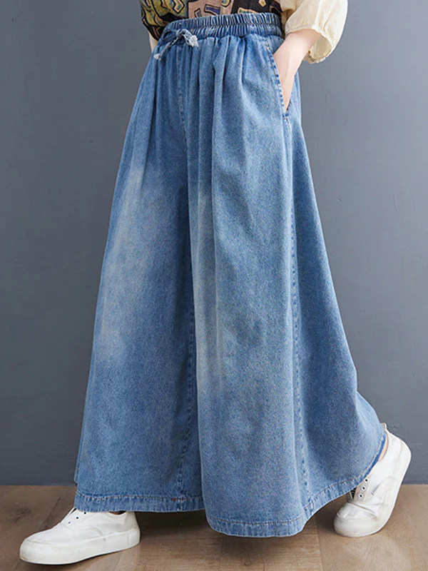 Simple Casual Loose Wide Leg Drawstring Jean Pants - Image 3